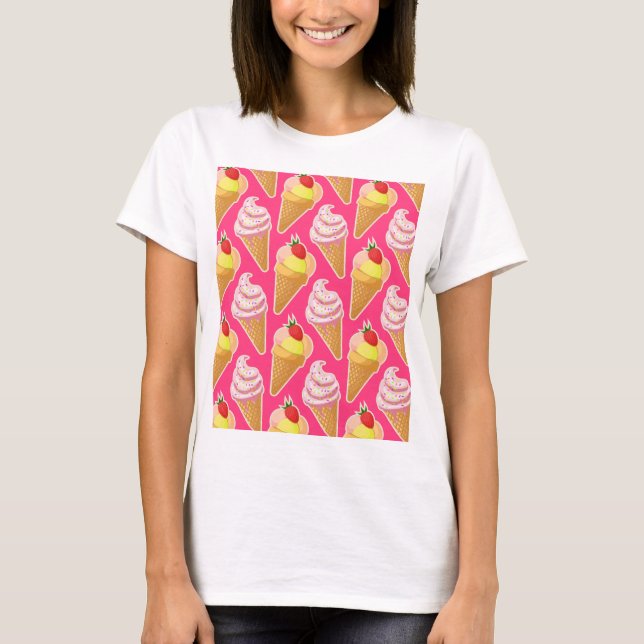 T-shirt Motif rose Kawaii avec crème glacée aux fraises (Devant)