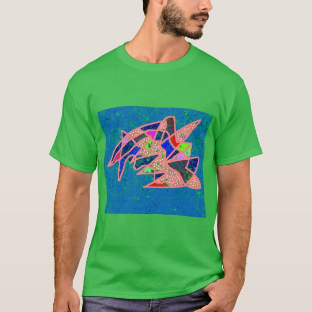 T-shirt Motifs fou rose et bleu sur vert (Devant)