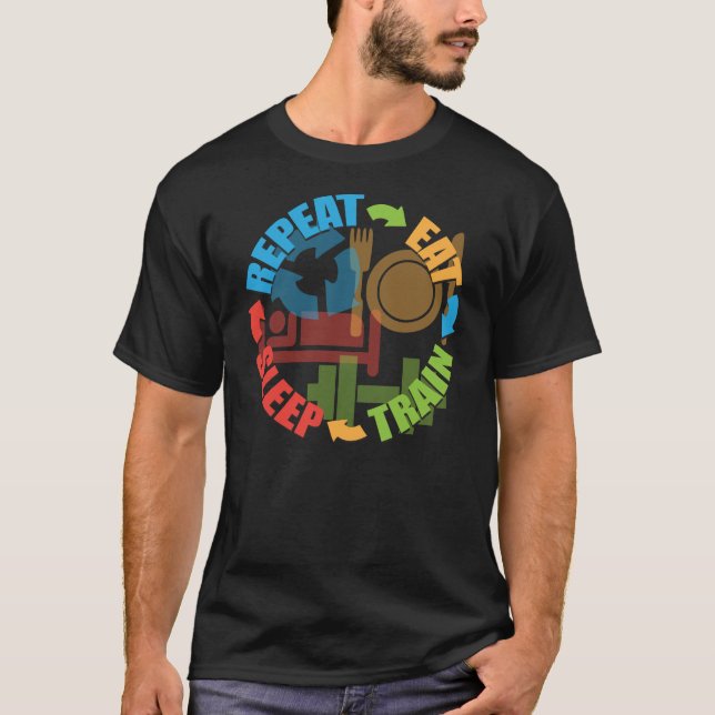 T-shirt Motivation de gym - Manger, Dormir, Train, Répéter (Devant)