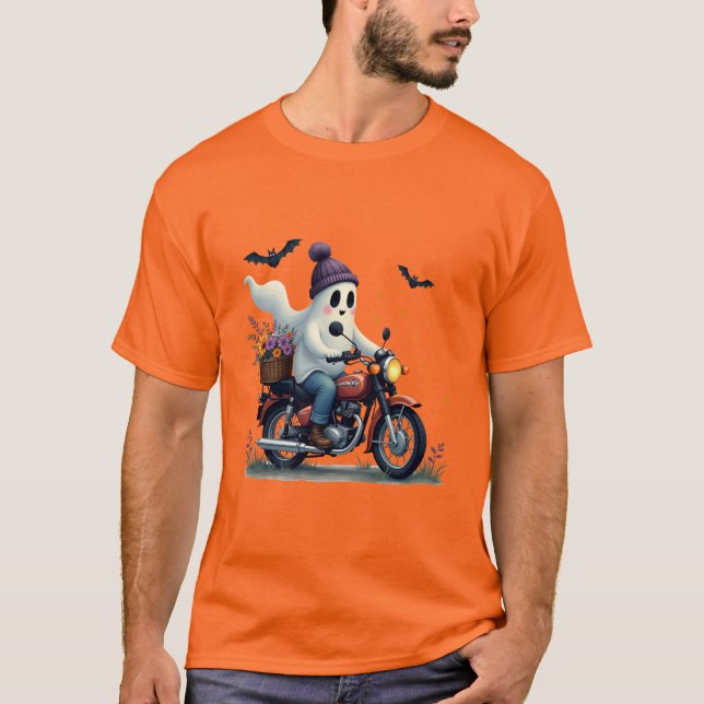 T-shirt Moto à cheval fantôme avec Fleurs Halloween (Devant)