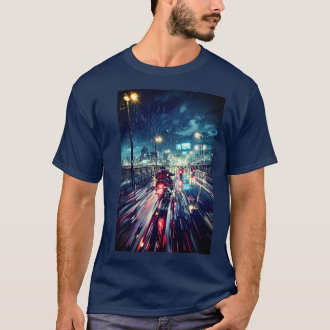 T-shirt Moto Anime Cyberpunk Rainy City (Devant)