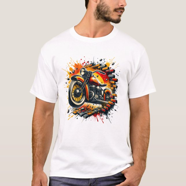 T-shirt Motocyclette 3D Trou dans un mur de briques (Devant)