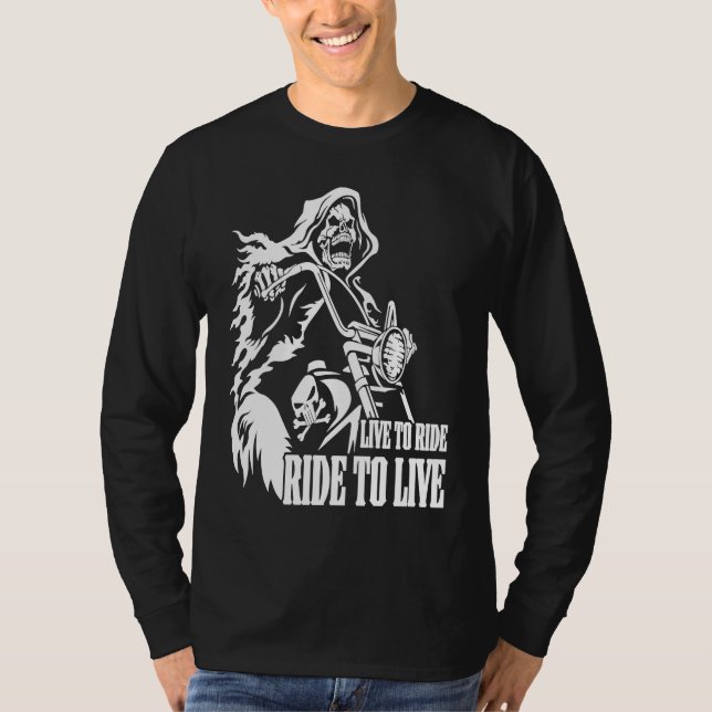 T-shirt Motorcycle Biker Skeleton Skull Live To Ride Ride  (Devant)