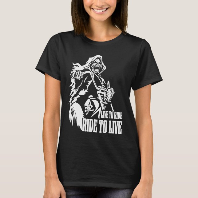 T-shirt Motorcycle Biker Skeleton Skull Live To Ride Ride  (Devant)