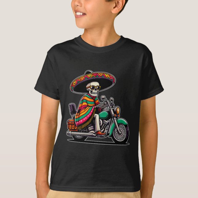 T-shirt Motorcycle Skeleton Biker Mexicain Sombrero Cinco  (Devant)