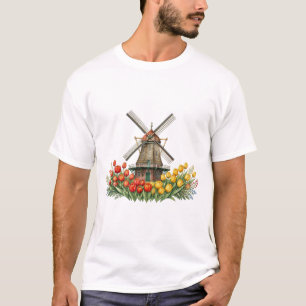 T-shirt Moulin à vent dans le champ de tulipes avec maison