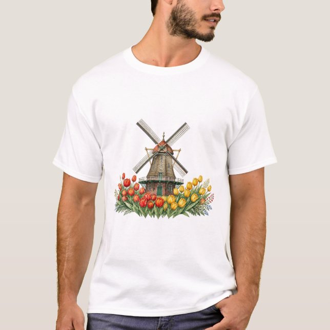 T-shirt Moulin à vent dans le champ de tulipes avec maison (Devant)