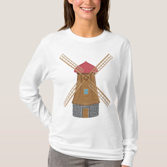 T-shirt Moulin à vent en bois rustique traditionnel (Devant)
