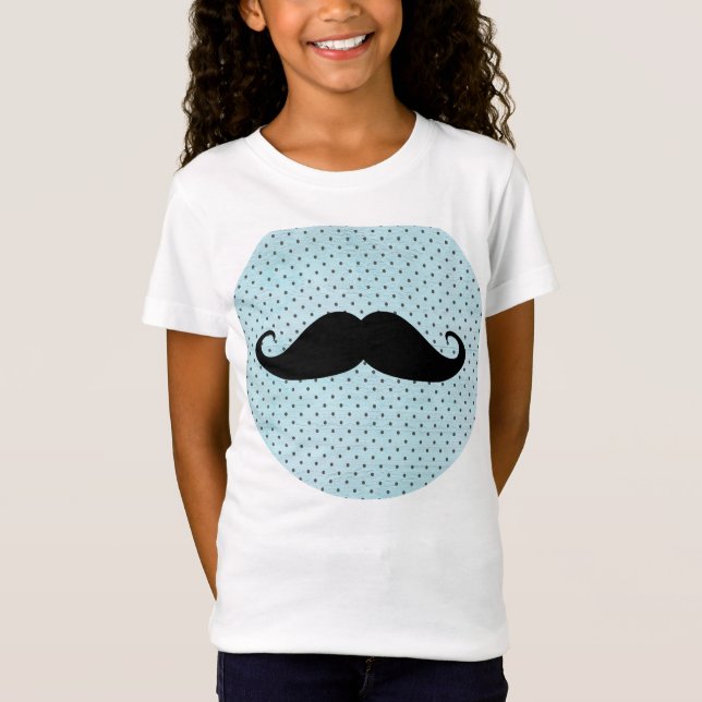 T-Shirt Moustache noire drôle sur le pois bleu turquoise (Devant)