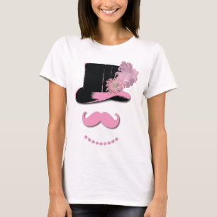 T-shirt Moustache rose, chapeau supérieur, plumes et fleur