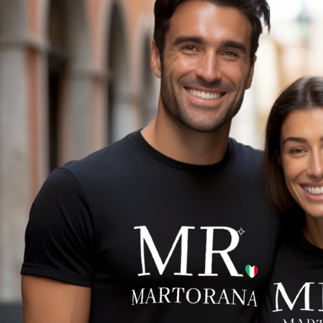 T-shirt MR. Italian Flag Heart Personal Last Name Couples (Couple's t-shirt in black with MR.Italian Flag Heart for the periodEngagement or Wedding gift)