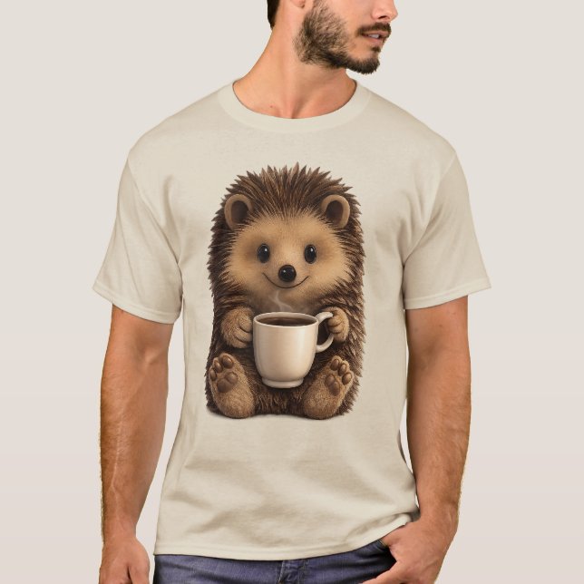 T-shirt Mug Hérisson Mignon Buvant du Café - Drôle d'Anima (Devant)