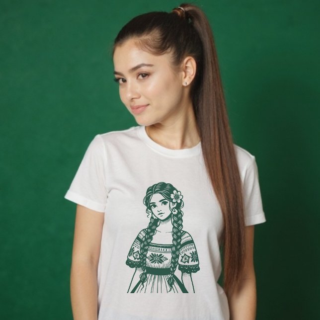 T-shirt Mujer Mexicana Minimal Green Line Art (Mujer Mexicana Minimal Green Line Art T-Shirt)