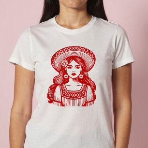 T-shirt Mujer Mexicana Minimal Red Line Art