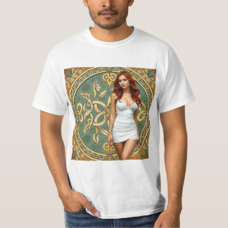 T-shirt Mujer Pelirroja con Fondo Celta y Art Nouveau