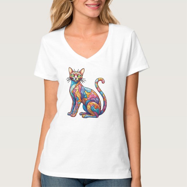 T-shirt Multicolor Mosaic drôle Chat 756 (Devant)