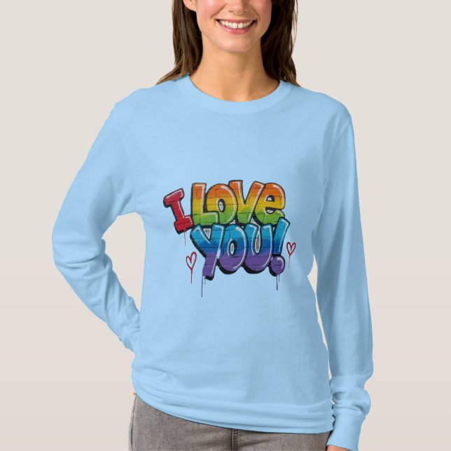 T-shirt Mur de briques noir avec graffiti « Je t'aime ! » (Devant)