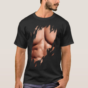 T-shirt Muscles de poitrine faux hommes arrachés Six Pack 