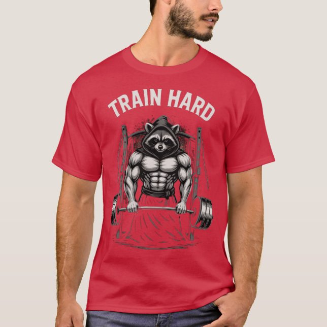 T-shirt Muscular Raccoon Gym Warriorrain Hard Fitness Desi (Devant)