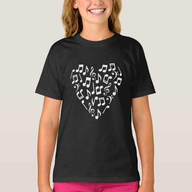 T-shirt Music Notes Coeur (noir et blanc) (Devant)