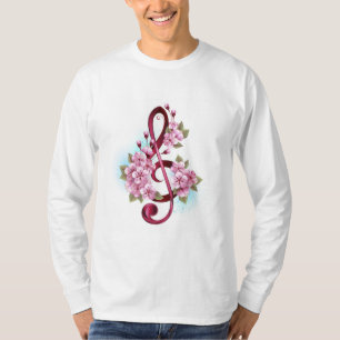 T-shirt Musical treble clef notes with sakura flowers