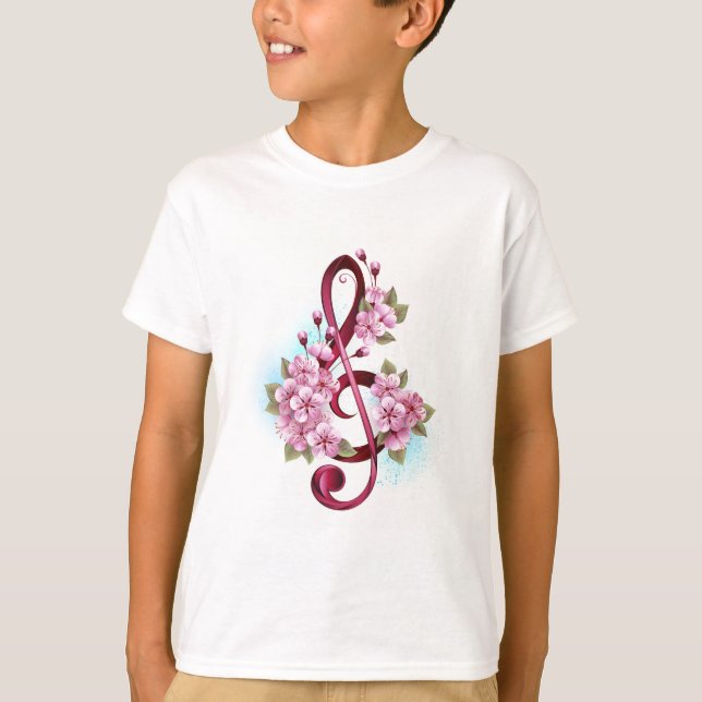 T-shirt Musical treble clef notes with Sakura flowers (Devant)