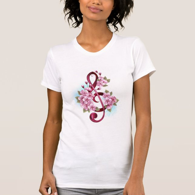 T-shirt Musical treble clef notes with sakura flowers (Devant)