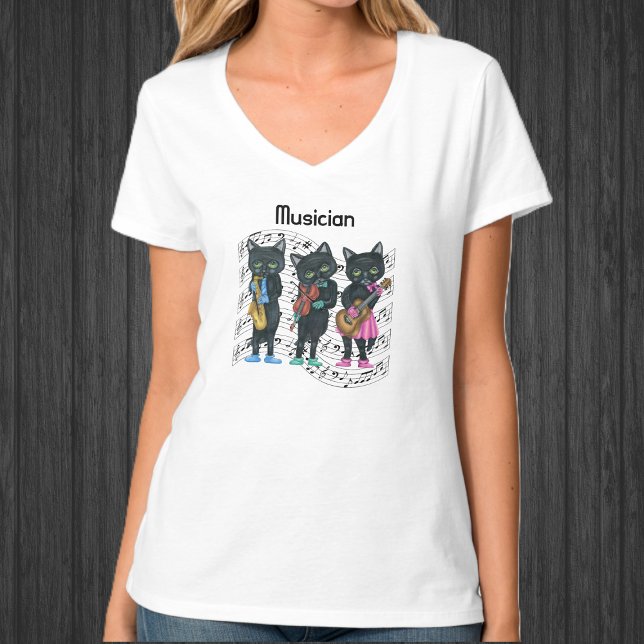 T-shirt Musicien Black Cats Green Eyes Instruments Musique (Black Cat Musicians pink, blue, green clothes, instruments, wavy bars of music on tee shirt.)