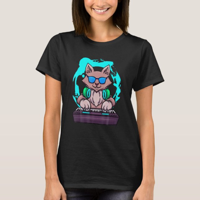T-shirt Musique Animale Chat Musicien Rétro Chat DJ Piano (Devant)