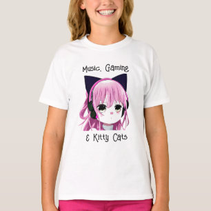 T-shirt Musique, jeux et chats Kitty Anime Girl