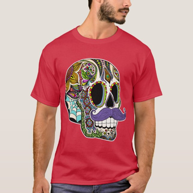 T-shirt Mustache Sugar Skull Color Version (Devant)
