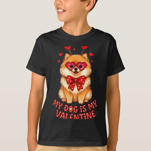 T-shirt My Dog Is My Valentine Cute Meranian With Heart Gl (Devant)