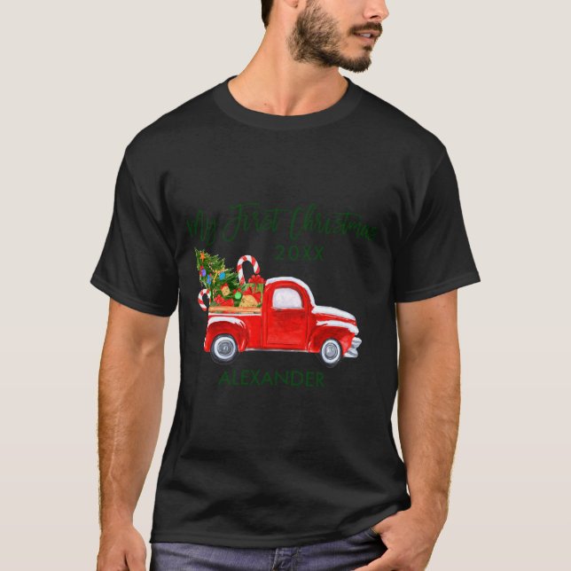 T-shirt My First Christmas Red Truck Candy Canes Gray Baby (Devant)