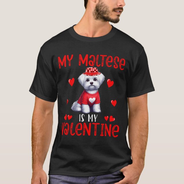 T-shirt My Maltese Is My Valentine Hearts Costume Single O (Devant)