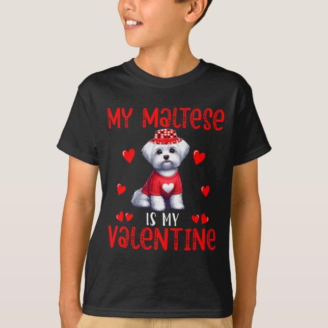 T-shirt My Maltese Is My Valentine Hearts Costume Single O (Devant)