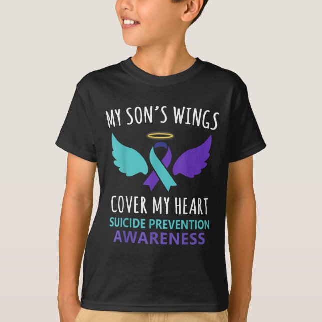 T-shirt My Son's Wings Cover Heart Suicide Awareness Ribbo (Devant)