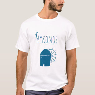 T-shirt Mykonos, Grèce : Moulin à vin et oiseau pélican