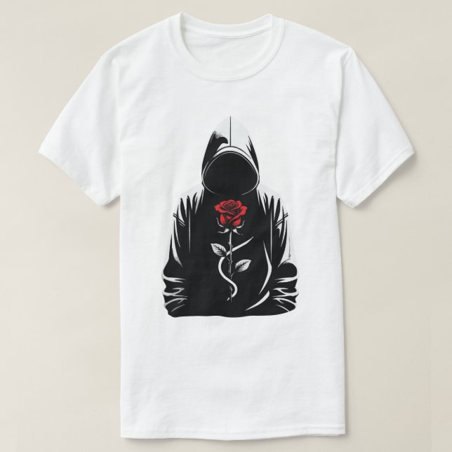 T-shirt Mysterious Hooded Figure with Red Rose – Dark Love (Design devant)