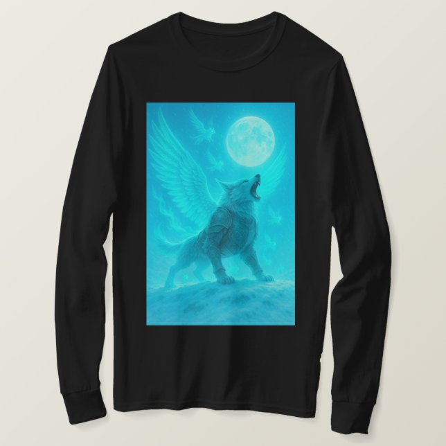 T-shirt Mystic Winged Wolf Howling at the Moon (Design devant)