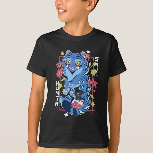 T-shirt Mystical Blue Tiger Japanese Folk Art Style (Devant)