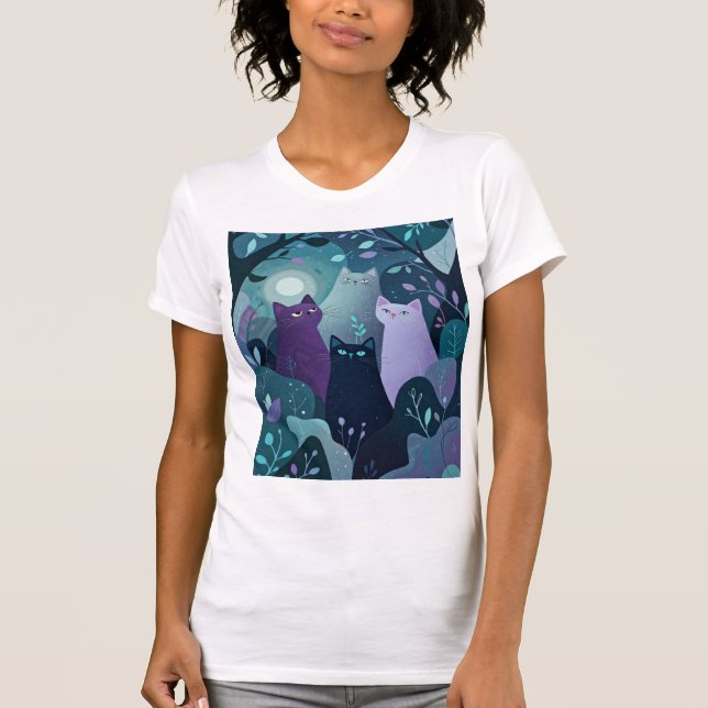 T-shirt Mystical Forest Cats Art Whimsical Night Cat  (Devant)