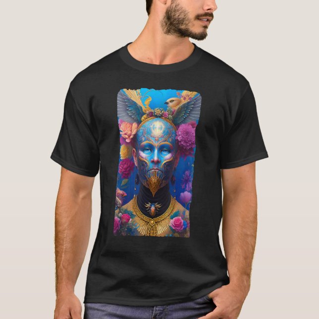 T-shirt Mystical Man with Blue Painted Face and Flowers AI (Devant)