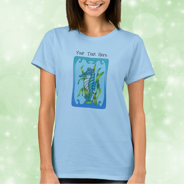 T-shirt Mythique Aqua Blue Sea Dragon Wavy Blue Frame (Mythical aqua blue sea dragon horns green seaweed water bubbles in blue frame on woman's tee shirt.)
