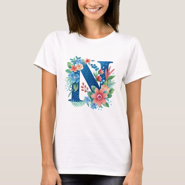 T-shirt N monogramme bleu avec fleurs (Devant)