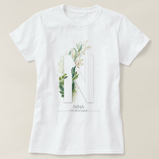T-shirt N Monogramme Feuilles de verdure or Élégant (Design devant)
