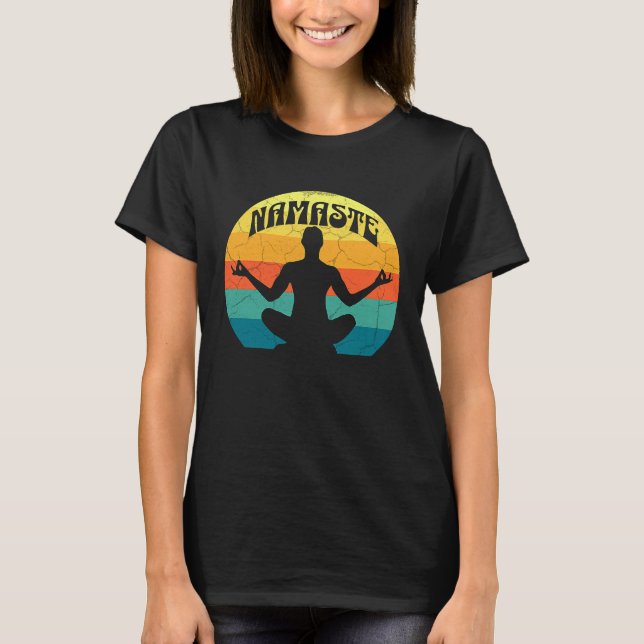 T-shirt Namaste Yoga Pose Peace Meditate Zen Retro Sunset  (Devant)