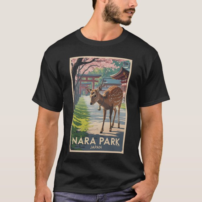 T-shirt Nara Park Japan Deer Illustration Travel Art Retro (Devant)