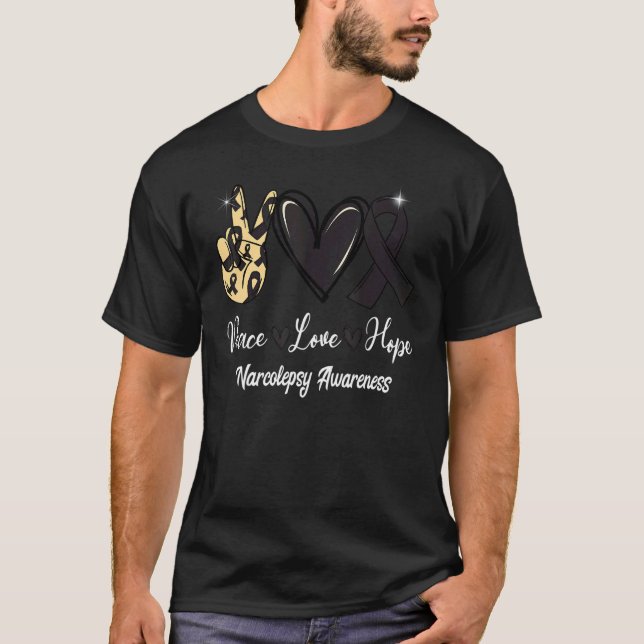 T-shirt Narcolepsy Awareness Peace Love Hope Black Ribbon (Devant)