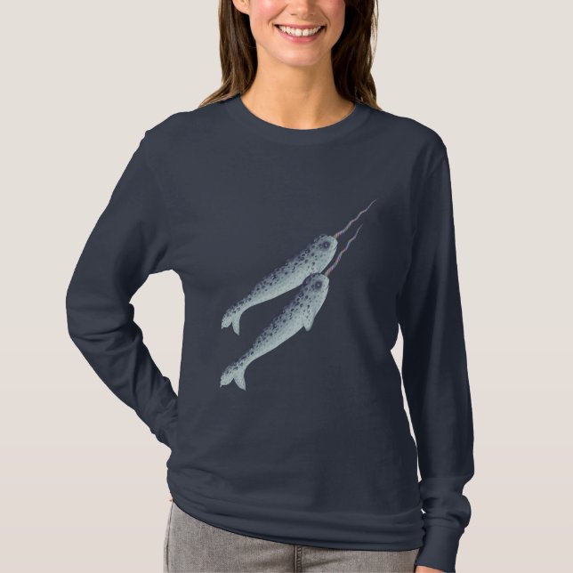 T-shirt Narwhals blanc et gris mignon nageant ensemble (Devant)