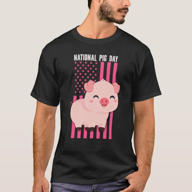 T-shirt National cute Pig Day American Flag Pink for Girls (Devant)